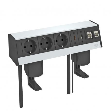 Deskbox DB, with fastening clamp, 3 sockets, HDMI, USB 3.0, 2x RJ45 Cat. 6 Housing, silver anodised